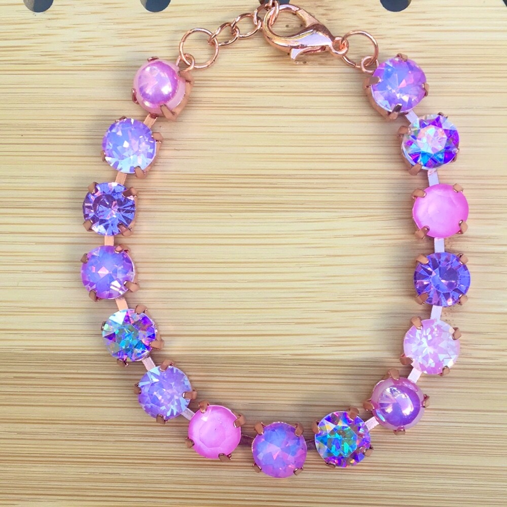 Pink Rose+Purple Amethyst Opal Aurora Borealis Rose Gold Crystal Tennis Bracelet - Picture 6 of 10